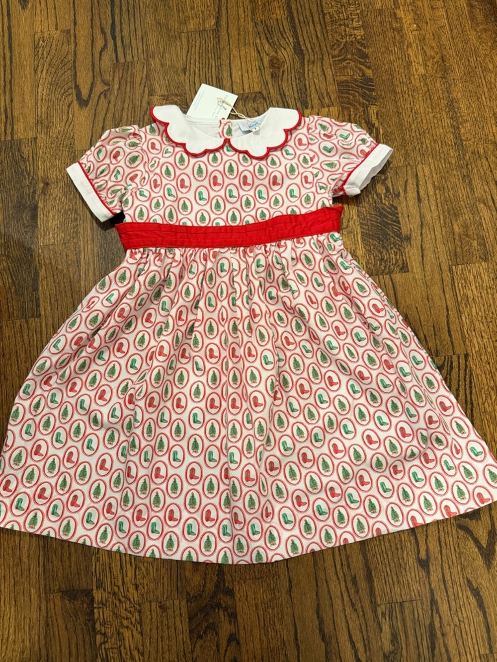 Girls Red & Green Holiday Boot & Christmas Tree Prin Dress with Scalloped Collar